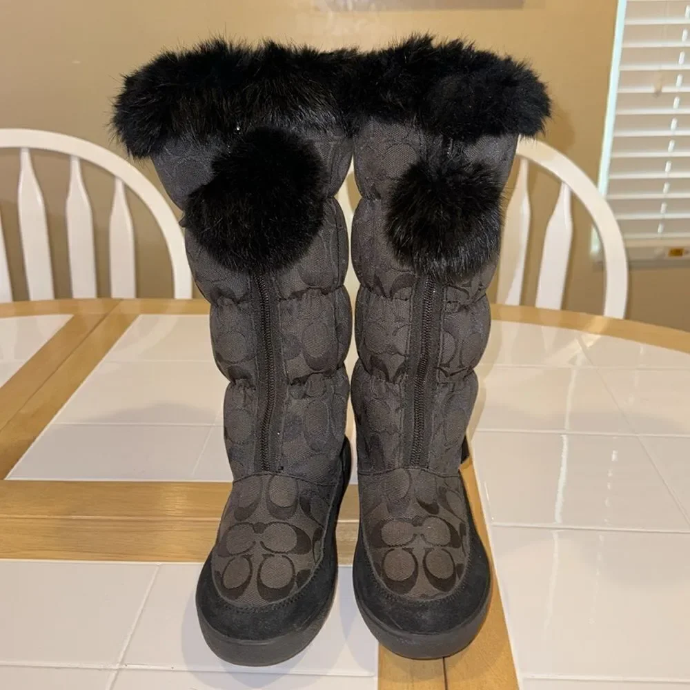 Coach Theona Jacquard Rabbit Fur Trim Zip Up Boots Size 5 1/2 B